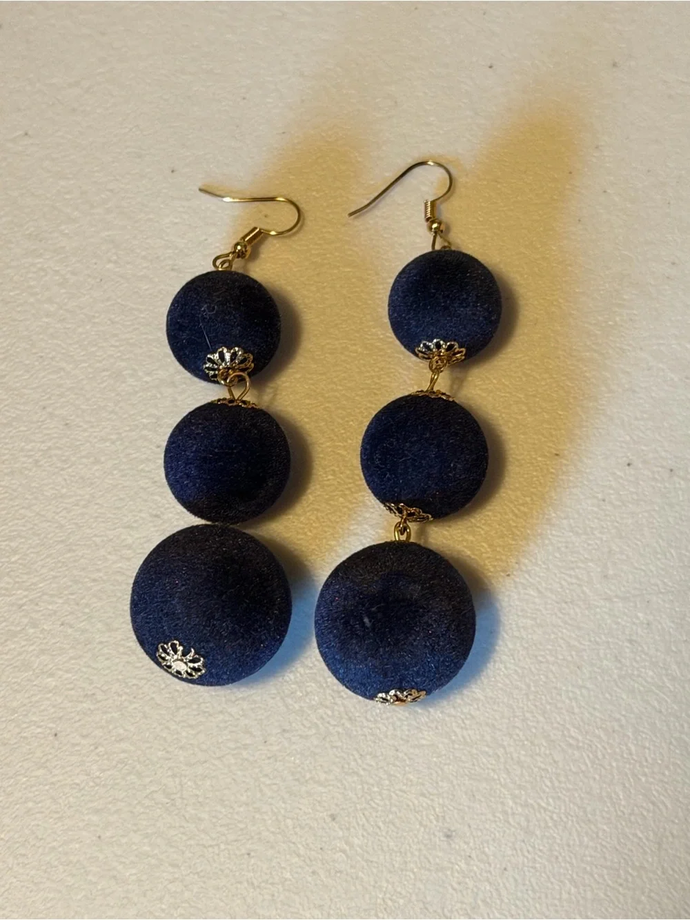 Velvet Navy Blue Ball Drop Dangle Earrings - Navy Blue